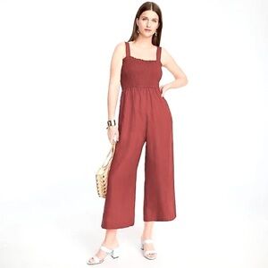 J. Crew 100% Linen Smocked Wide Leg Jumpsuit Romper in Rust Orange small